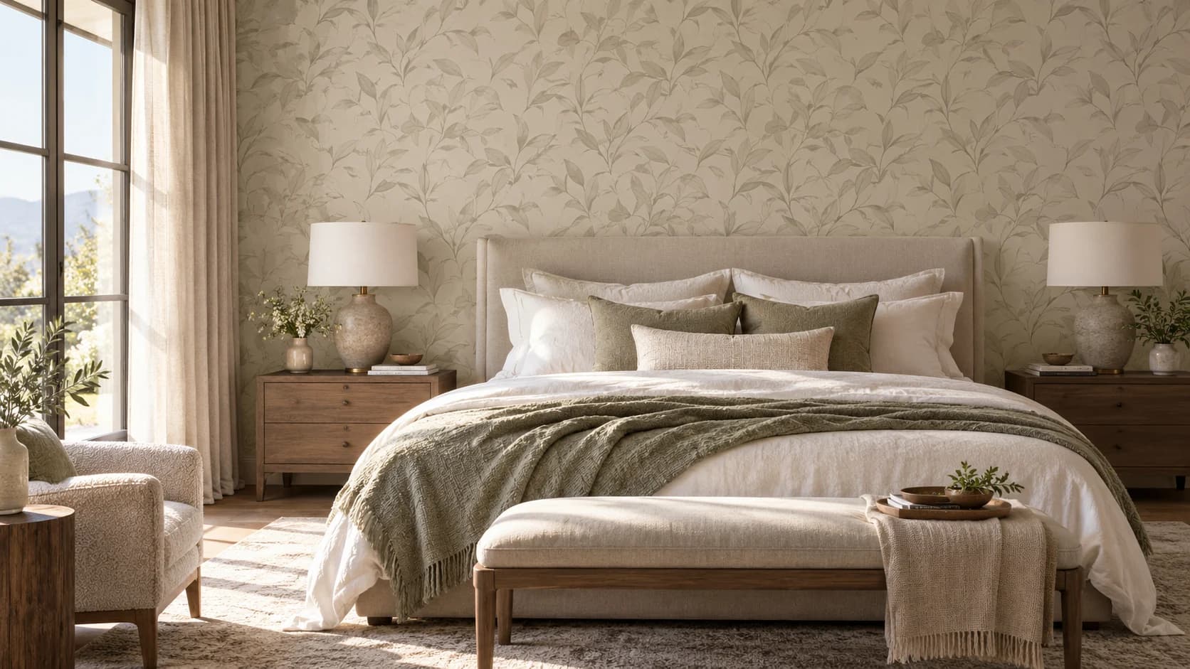 Wallpaper motif daun lembut pada dinding belakang tempat tidur