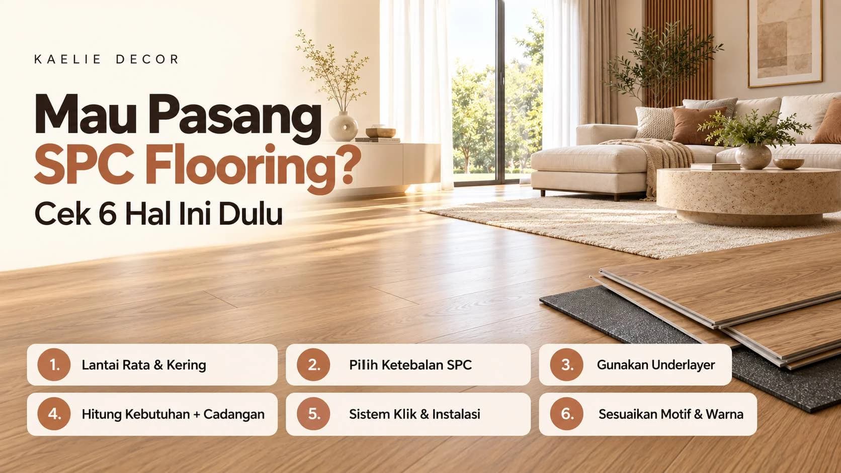 SPC flooring motif kayu natural di ruang keluarga modern