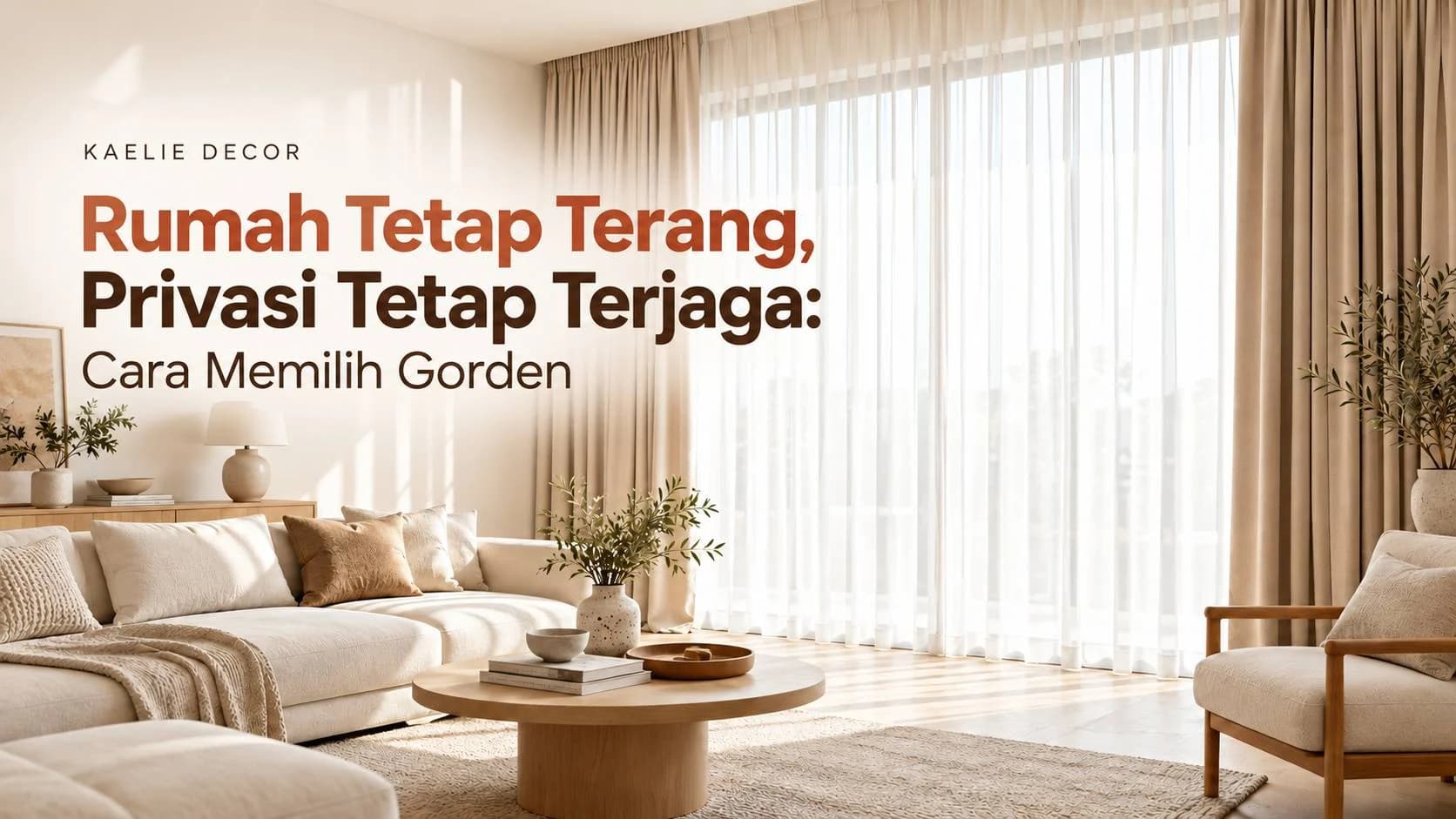 Vitrase putih dan gorden taupe menjaga privasi apartemen yang terang