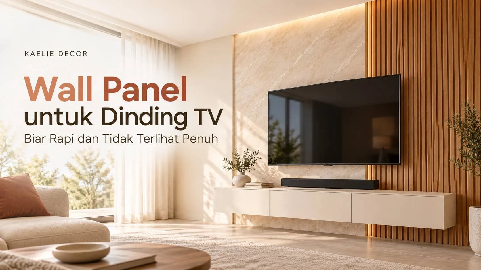 Wall panel kayu dengan pencahayaan hangat pada dinding televisi