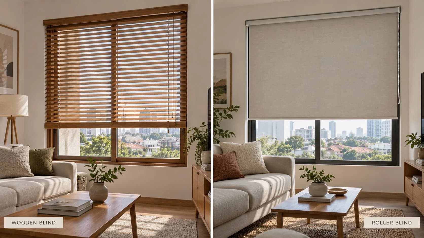 Wooden blind mengatur cahaya matahari di ruang keluarga
