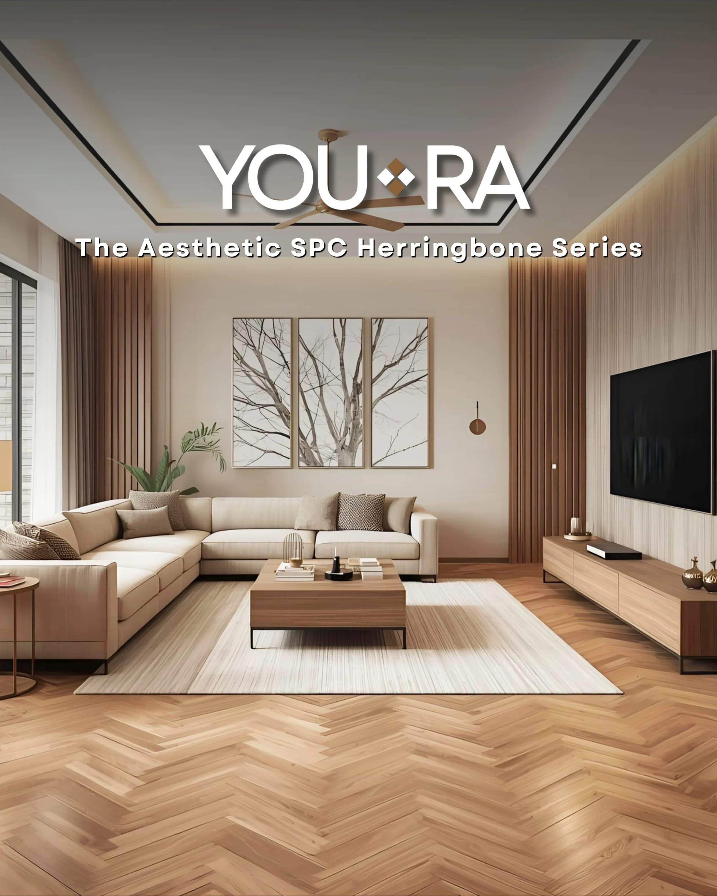 Inspirasi Flooring Kaelie Decor menggunakan SPC Flooring Youra Herringbone Series 5,5mm